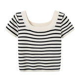 Knitted Blouse French U-Collar Striped T-Shirt New Summer Ice Silk Short-Sleeved Collarbone Bottomed Shirt-Outfit