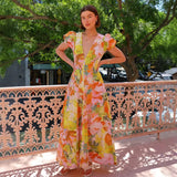 New Low-Chested V-Neck Fashion Striped Print Bubble Sleeve Dress
