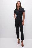 Down Collar One Piece Women Solid Short Sleeve Tight High Waist Overalls Slim Fit Casual Rompers 2023 Long Pants Jumpsuits-Outfit
