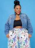 Plus Size Fashion Beaded Blue Turn Down Collar Long Sleeve Jeans
