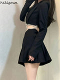 Temperament Skirt Outfits Chic Korean 2 Piece Set Women's Clothing Tunic Long Sleeve Diamond Crop Coat Bodycon Mini Skirts