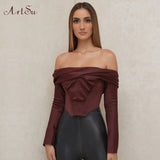 Off Shoulder Blouse Shirt Satin Corset Tops Women Long Sleeve Blouses Shirts Elegant Shirts Sexy Backless Top
