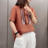 Peter Pan Collar Blouse Casual Loose Female Clothing Stylish Printed Patchwork Button 2023 Summer New Short Sleeve