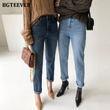 Vintage Streetwear Women Denim Blue Jeans Autumn Winter High Waist Loose Trousers Female Straight Leg Jeans