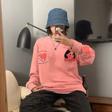 Deeptown Kawaii Crewneck Sweatshirt Heart Print Hoodies E Girl Korean Style Yellow Top 2021 Fashion Pink Long Sleeve