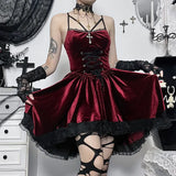 Halloween Dark Suede Tie Waist Dress Sexy Lace Suspender Skirt Woman-Outfit