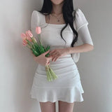 South Korea Chic Sweet Temperament Square Collar Exposed Clavicle Pits Slim Puff Sleeve Short Dress