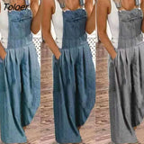 Women Ladies Solid Color Denim Jumpsuit Loose Trousers Thin Sleeveless Square Neck Bib Overalls Streetwear Loose