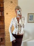 Women Y2K Vintage Retro Lace Floral Tops Ruffled Flare Long Sleeve Tie Front Sheer Slim Crop Cardigan Clubwear TShirt-Outfit