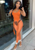 Sexy Sleeveless High Waist Solid Mesh Skinny Two Piece Pants