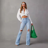Spring And Summer New Water Washing Hole High-Waisted Temperament Cowboy Broad Leg Trousers