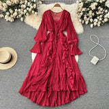 Purple/Brown/Red Chiffon Pleated Long Dress Women Vintage V-Neck Flare Sleeve Draped Ruffle Vestido Female Maxi Robe Spring