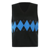 Casual Autumn Sleeveless Sweater Vest V Neck Plaid Knitted Jumpers Women Preppy Style Fashion Korean Knitwear