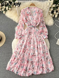Fashion Summer Maxi Dress Women's Printed Sundress Casual Long Sleeve Vestidos Female High Waist Robe