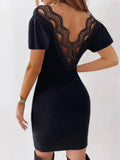 Woman Fashion Sexy Hollow Out Elegant Office Mini Shorts Dresses Solid Black Casual Bodycon Lace With Cut-out Short