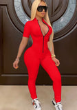 Sexy Turtleneck Short Sleeves Solid Zippers Skinny