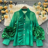 Ruffle Trim Shirt For Women Lapel Lantern Sleeve Loose Solid Button Through Blouse Female Fashion
