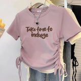 Women's Round Neck Drawstring Bandage Printing Pullover Letter Summer Short Sleeve Graphic T-shirt Casual Clothes Sweet Tops-Outfit