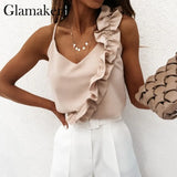 Women Sexy V Neck Ruffle Blouse Shirts Summer Backless Spaghetti Strap Tops Elegant Sleeveless Office Ladies
