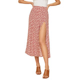 Elegant Split Long Skirts Vintage Leopard Floral Print High Waist A Line Skirts Office Lady Casual Bodycon Midi