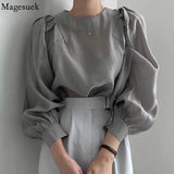 Simple Round Neck Women's Blouse Autumn Lantern Long Sleeve Pleated Casual Shirts Ladies Loose Elegant Woman Top
