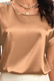 Summer Tops Woman Short Sleeve Silk Blouse Loose Casual O-Neck Solid Shirts Fashion Satin Clothing Elegant