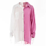 Patchwork Turn-down Collar Casual Women Shirts Long Sleeve Buttons Up Loose Blouses Lady Oversize Autumn 2021
