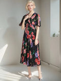 V-Necked Print Chiffon Dress Shows Lean Lotus Leaf Edge Short-Sleeved Waist First Love Fairy Skirt-Outfit