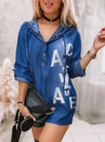 Blue Letter Print Denim Hooded Long