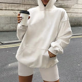 Two Pieces Set Women Autumn Winter Casual Solid Color Hooded Suits Girls Fashion Loose Top Sports Shorts Sets Female