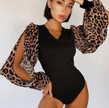 2021 Cute Leopard Print V Neck Bodysuit Long Sleeve Summer Bodycon Skinny Bodysuits One Piece Body Suit New