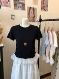 Lace Spliced Under Hem Short Sleeve Lace T-Shirt Summer New Slim White Collar Showing Thin Bottom