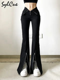 Black Slim Stretch Versatile Commuter Classic High Waist Simple Split Young Women's Zipper Flared Trousers Girl Casual-Outfit