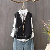 Autumn V-Neck Female Embroidery Sweater Vest Fashion Shirt Two Piece Set Women's Clothing Loose Sleeveless Knitted Tops-Outfit