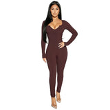 Women Solid Color Ribbed Knitting Jumpsuit Sexy Front Long Sleeve Fitness Slim Skinny Rompers