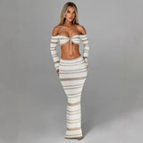 New Hottie Women's Suit Summer Striped Long-Sleeved Hanging Neck Top Skirt Two-Piece