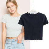 Wood ears O neck Short sleeve T-shirt 2023 New Woman Slim Fit t shirt tight tee Summer Retro Tops 6 colors-Outfit