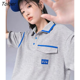 Women T-shirts Shorts Suit 2022 Summer Short Sleeve Polo Neck Loose Tees Waffle Contrast Color Casual Streetwear