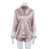 Wear Women Soft Feather Home Suit Button Up Top Slim Pants Two Piece Set 2022 Casual Pajama Elegant Lady Homewear