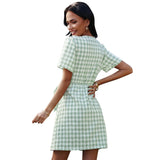 Plaid V-Neck Beletd-Bow
