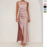 Spring And Summer Women's New Solid Color Sexy Bare Back Open Fork Long Skirt Sleeveless Sleeve-Less Dress Dress Dress