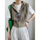 Women's Drawstring Hooded Zipper Up Front Knit Vest Casual Sleeveless Open Front