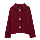 Women's Autumn And Winter New Fashion Flower-Shaped Buckle Knitted Sweater Cardigan