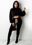 Casual Long Sleeve Hood Laced Up Crop Top And Pant