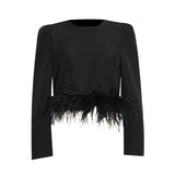 Solid Color Patchwork Feather Blouse For Women O Neck Long Sleeves Crop Top Slim Fit Blouse Female 2022 Spring