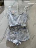 Vintage Two Piece Set For Women Square Collar Sleeveless Tops High Waist Shorts Denim Sets Female Summer