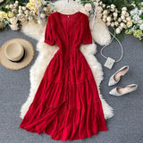 2022 Summer Women Long Party Dress Short Sleeve Red White Lace Vocation Maxi Tunic Beach