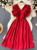 Loose Dress For Women V Neck Sleeveless High Waist Ruffle Trim Solid Midi Dresses Female Clothing Style