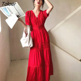 Lace Elegant Women's Dress Spring Hollow Button V Neck Lantern Sleeve White Long Dresses Boho Casual Holiday