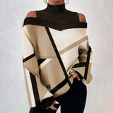 Women's Lantern Sleeves Geometric Print Tshirts Top Casual Loose Pullover High Neck T-shirt Roupas